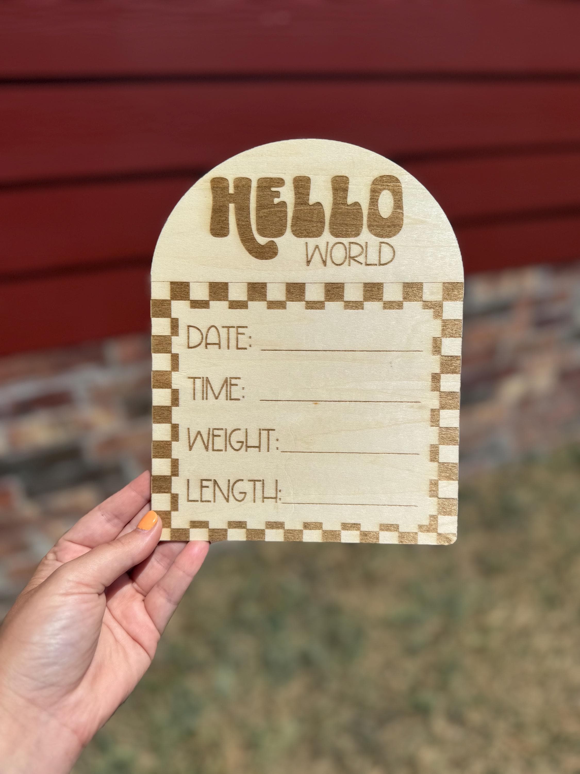Retro Checkered Baby Name Sign: Birch Wood Birth Announcement handmade by Ranch Haus Creations