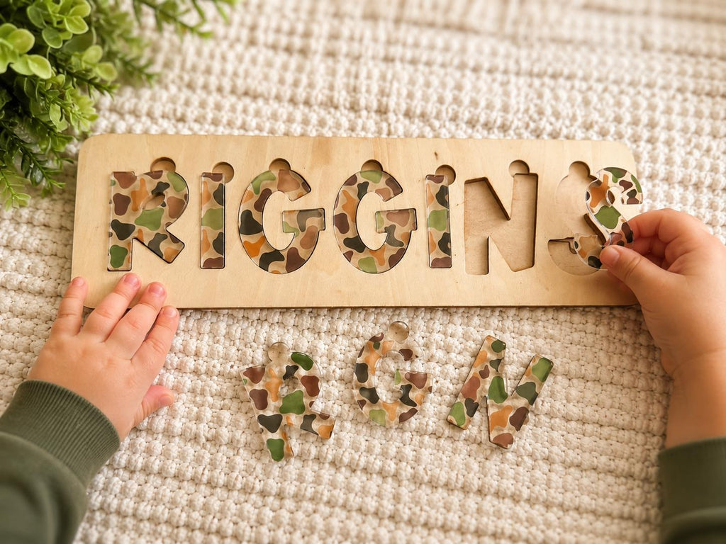 Duck Camo Wooden Name Puzzle handmade by Ranch Haus Creations