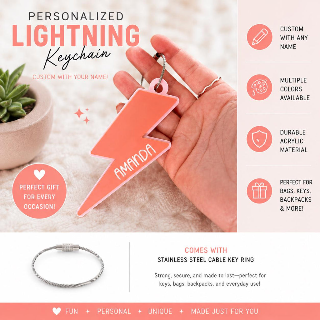 Personalized Acrylic Lightning Bolt Keychain: Custom Name Engraved Cha handmade by Ranch Haus Creations