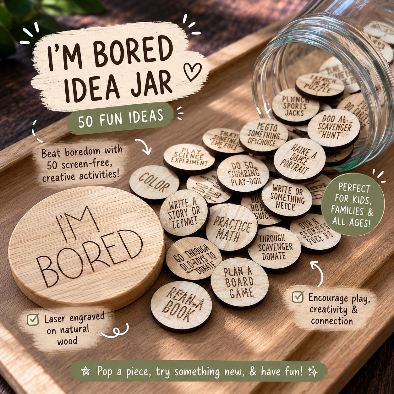 I'm Bored Idea Jar, Kids Activities, Family Game Night, Rainy Day Fun handmade by Ranch Haus Creations